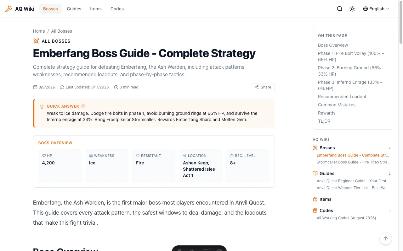 Boss 攻略文章页 —— 快速答案卡片 + 结构化 Boss 数据卡